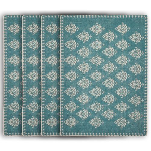 19" Set of Four Cream And Turquoise Damask Cotton Placemats