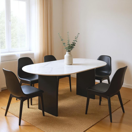 72" White and Black Marble And Solid Wood Sled Base Oval Dining Table