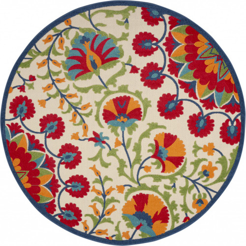 Homeroots Home Decor 8’ Round Red and Multicolor Indoor Outdoor Area Rug