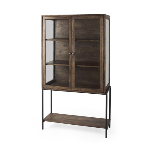 36" Brown and Black Solid Wood and Metal Display Cabinet With Two Doors