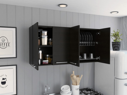 47" Black Wood Wall Mounted Accent Cabinet With Four Doors