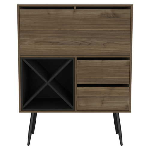 46" Dark Brown and Black Wood Console Bar Cabinet With Single Door And Two Drawers