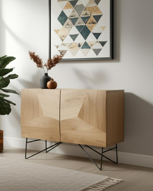 44" Natural and Black Solid Wood and Metal Carved Geometric Accent Cabinet With Two Doors