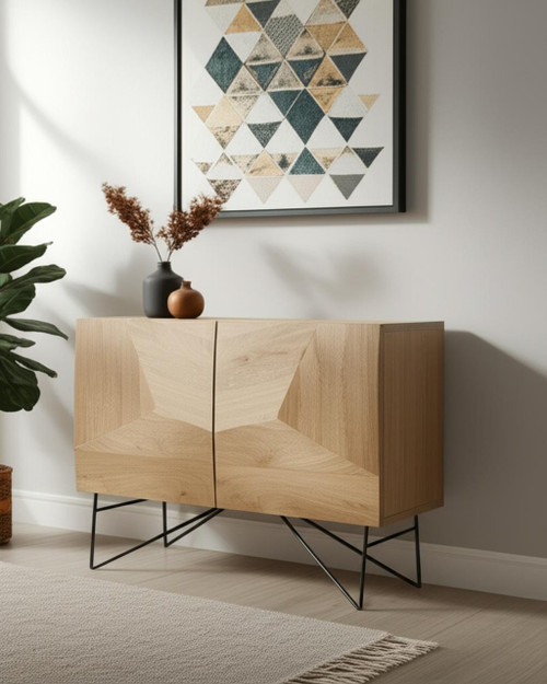 44" Natural and Black Solid Wood and Metal Carved Geometric Accent Cabinet With Two Doors