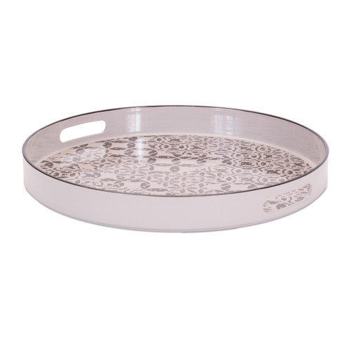 14" Cream And Gray Geometric Pad Print Round Serving Tray With Handles
