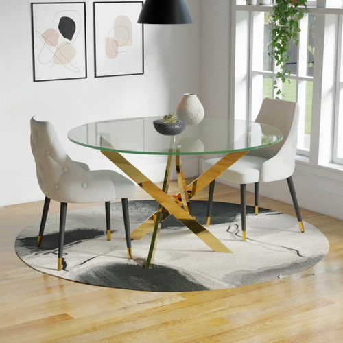 54" Clear and Gold Glass and Metal Cross Leg Base Round Top Dining Table - Gold Glass