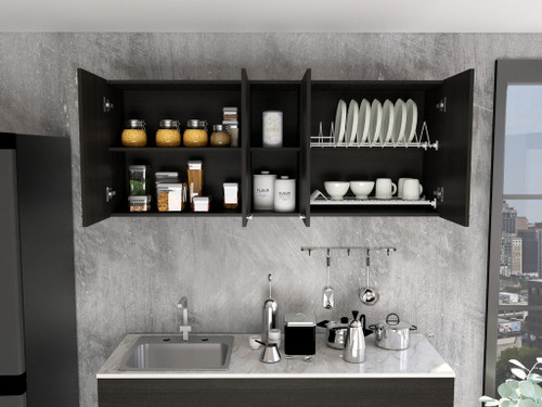 59" Black Wood Wall mounted Accent Cabinet With Five Shelves