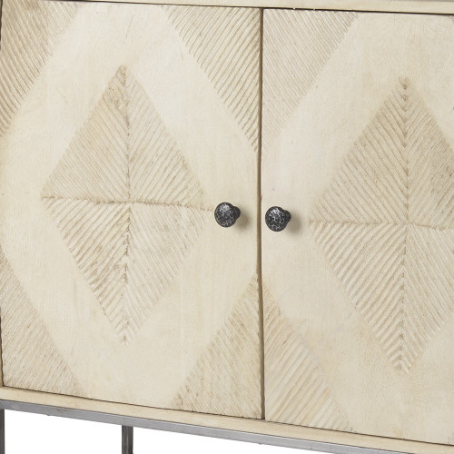 36" Cream and Gray Solid Wood and Iron Carved Geometric Accent Cabinet With Two Doors