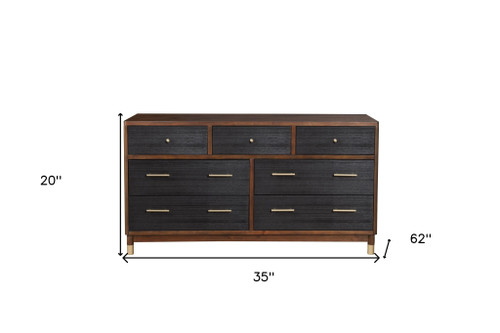 62" Brown And Black Solid Wood Seven Drawer Double Dresser