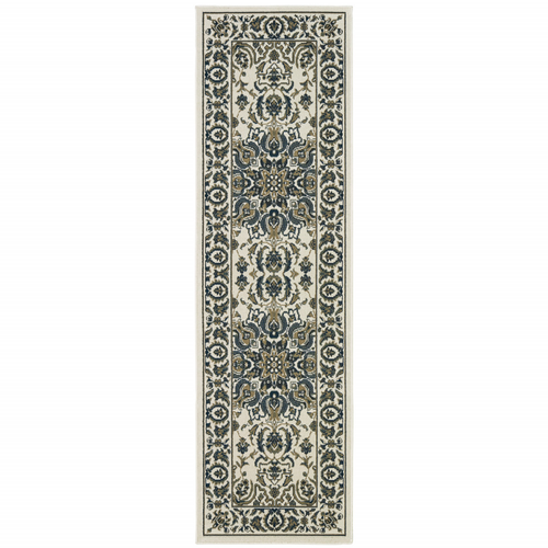 2' X 8' Ivory and Blue Oriental Stain Resistant Indoor Outdoor Area Rug