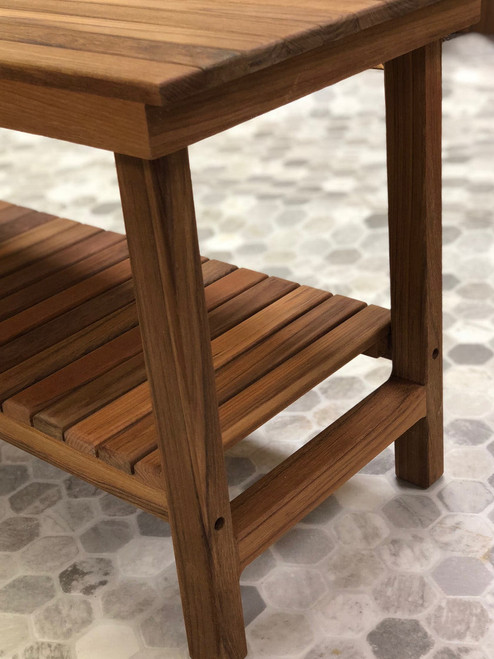 18" X 30" Brown Teak Rectangular Shower Bench With Shelf