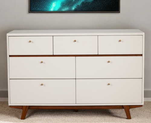 56" Brown And White Solid Wood Seven Drawer Double Dresser