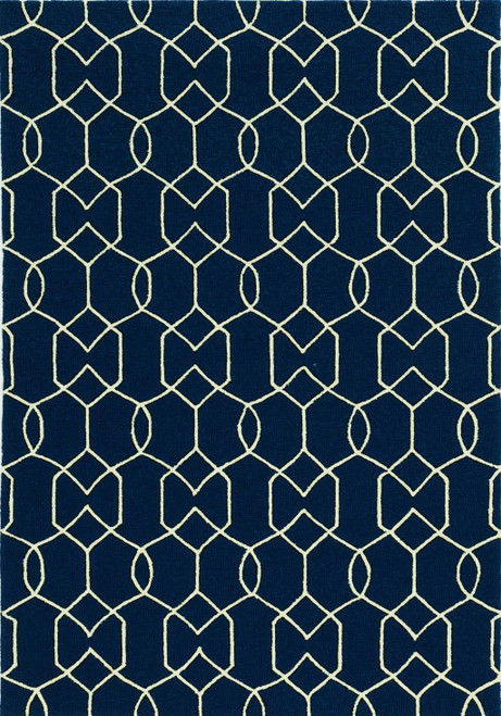 Homeroots Home Decor Hand Hooked UV Treated Trellis Indoor Outdoor Area Rug, Navy Blue, 7' x 10'