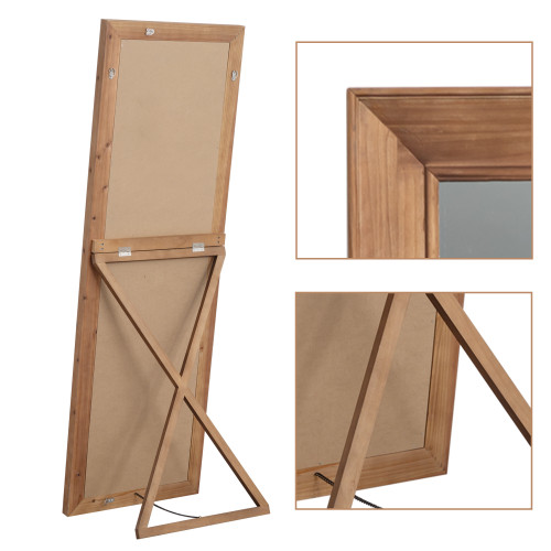 65" Brown Solid Wood Framed Full Length Mirror With Stand
