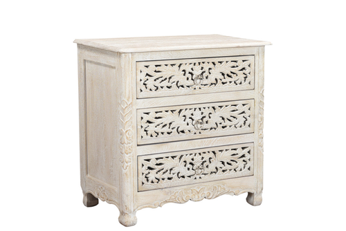 30" White Solid Wood Distressed Three Drawer Nightstand