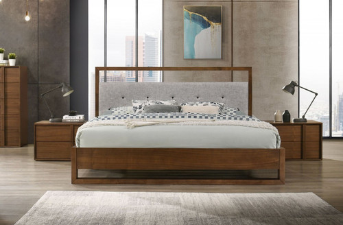 Brown and Gray Wood Tufted Upholstered King Bed Frame