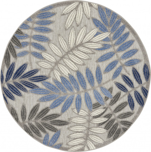 Homeroots Home Decor Gray and Blue Leaves Indoor Outdoor Area Rug, 4 Inch Round