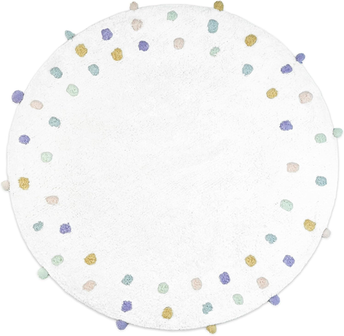 32" Green Purple And White Cotton Round Polka Dots Bath Rug