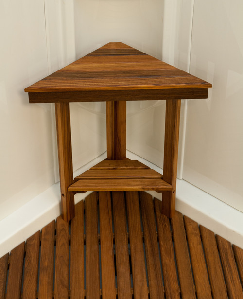 18" X 17" Brown Teak Corner Shower Bench With Shelf