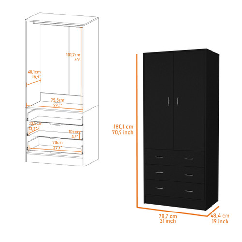 71" Black Two Door Three Drawer Combo Dresser