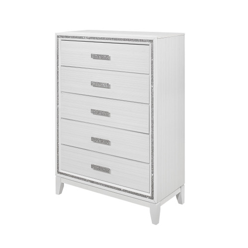 49" White And Silver And Faux Wood And Crystal Bling Lighted Five Drawer Dresser