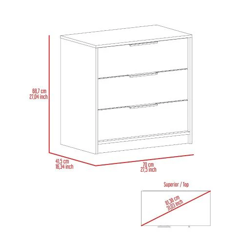 28" Light Gray Wood Three Drawer Dresser