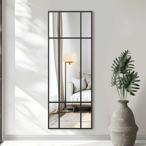 63" Black Iron Window Pane Geometric Framed Full Length Hanging Mirror