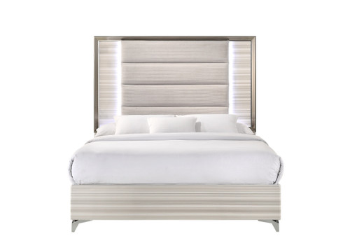 Beige White And Chrome Wood Upholstered Lighted Queen Bed Frame