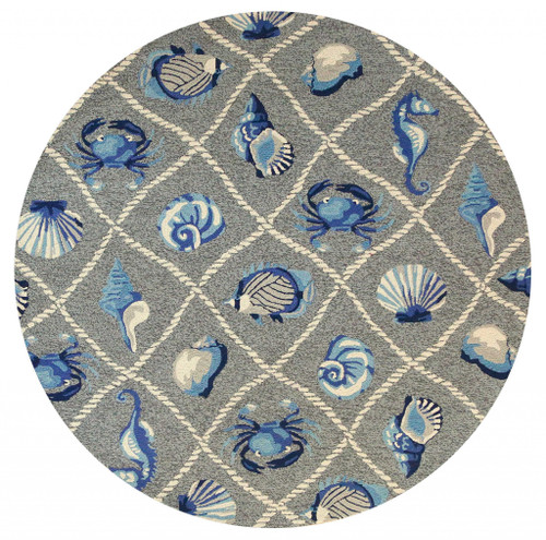 Homeroots Home Decor 7'6" Grey Hand Hooked UV Treated Coastal Sea Life Round Indoor Outdoor Area Rug, Grey, Hand Hooked