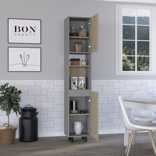 82" Gray And Oak Wood Pantry Or Storage Closet