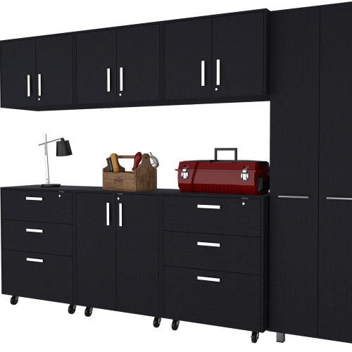 7 Black Wood Wall Mounted Accent Cabinet With Ten Doors And Six Drawers