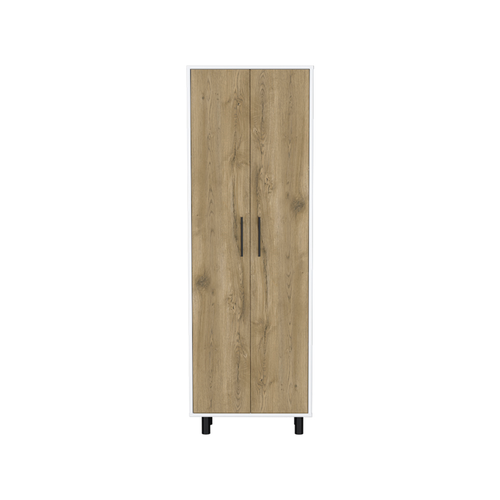 Set of Two Oak and White Wood Kitchen Island And Pantry Cabinet