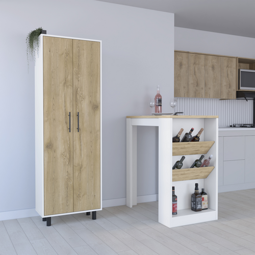 Set of Two Oak and White Wood Kitchen Island And Pantry Cabinet