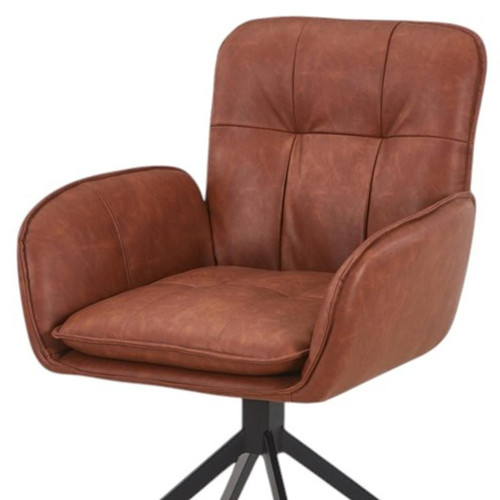 Brown and Black Faux Leather and Wood Swivel Dining Arm Chair