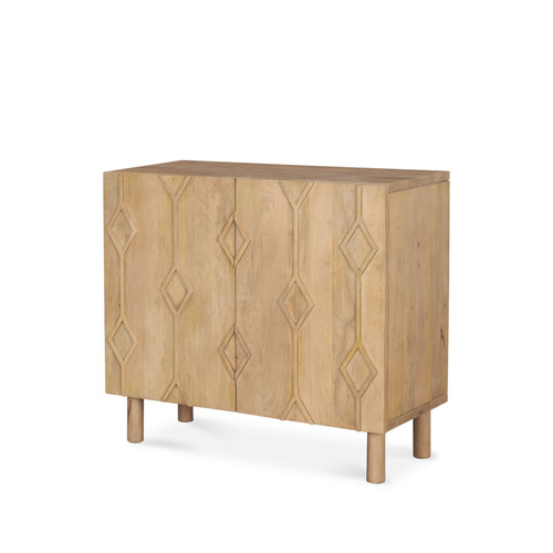 36" Natural Solid Wood Carved Geometric Accent Cabinet With Two Doors