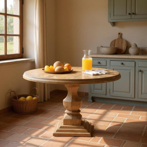 54" Brown Solid Wood Pedestal Base Round Top Dining Table
