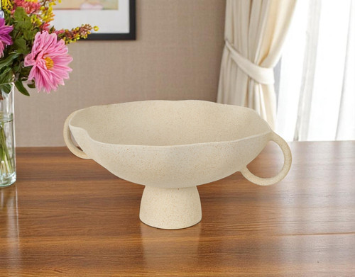 16" Beige Cast Aluminum Round Pedestal Centerpiece Bowl With Handles