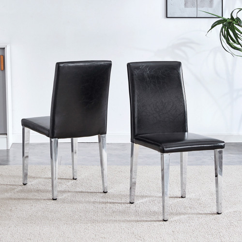 Set of Two Black and Silver Faux Leather and Metal Dining Side Chairs