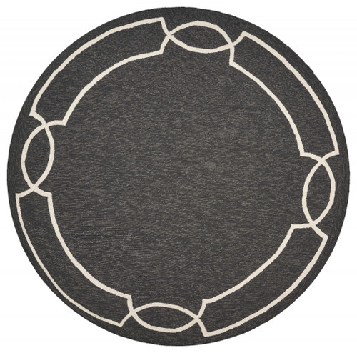 Homeroots Home Decor 7' Onyx Black Hand Hooked UV Treated Bordered Round Indoor Outdoor Area Rug, Onyx Black, Round
