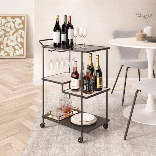 25" Black Steel and Faux Marble Glass Rolling Bar Cart