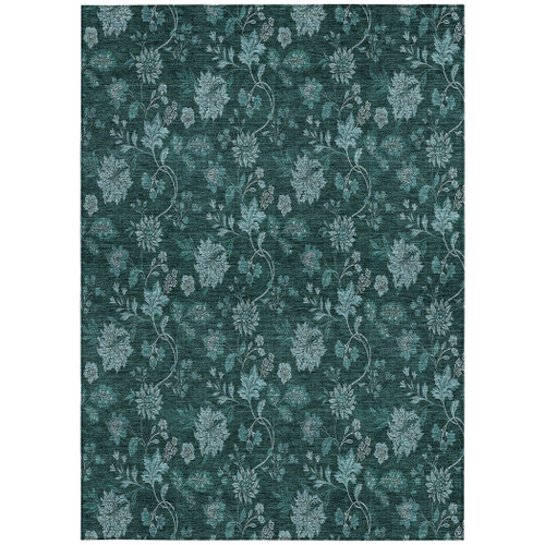 10' X 14' Teal Blue And Aqua Floral Washable Indoor Outdoor Area Rug - Teal Blue, Aqua