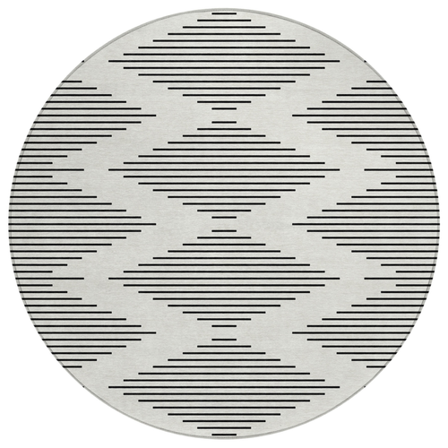 8' Ivory And Black Round Geometric Washable Indoor Outdoor Area Rug