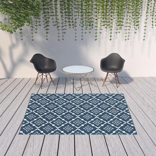 7' x 10' Blue and Ivory Floral Stain Resistant Indoor Outdoor Area Rug