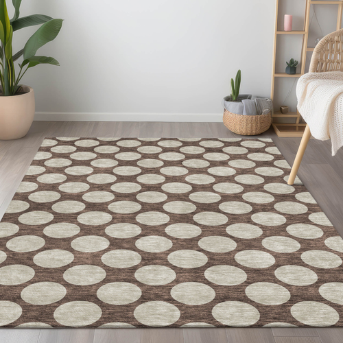 8' X 10' Brown And Beige Polka Dot Washable Indoor Outdoor Area Rug