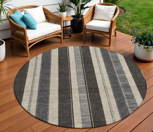 8' Black And Ivory Round Striped Washable Indoor Outdoor Area Rug - Black, Ivory