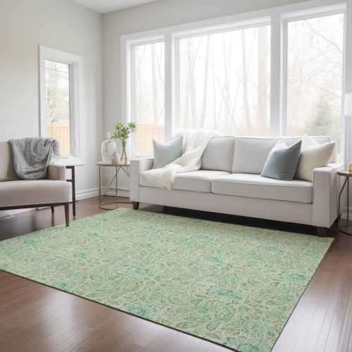 8' X 10' Sage And Artichoke Green Floral Washable Indoor Outdoor Area Rug
