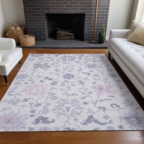 10' X 14' Lavender Mauve And Gray Floral Washable Indoor Outdoor Area Rug