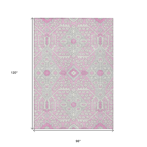 8' X 10' Pink Ivory And Gray Floral Washable Indoor Outdoor Area Rug