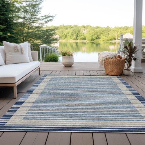 10' X 14' Navy Blue And Denim Blue Striped Washable Indoor Outdoor Area Rug