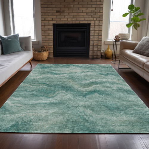 8' X 10' Teal Blue And Ivory Abstract Washable Indoor Outdoor Area Rug - Teal Blue, Ivory